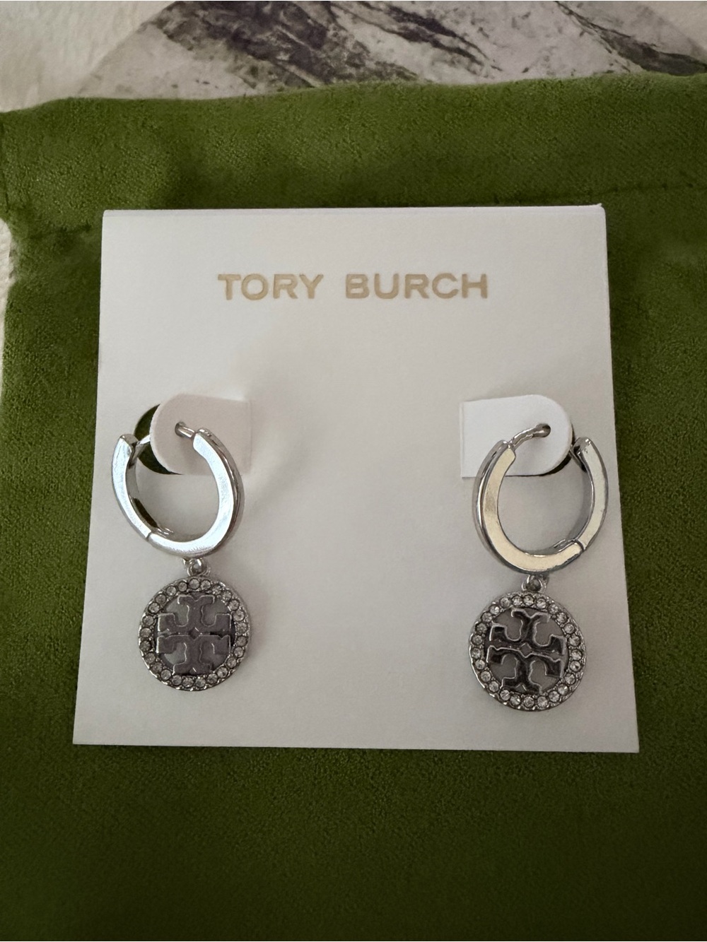 Tory Burch Silver Tone Crystal Paved Dangling Huggies Earrings